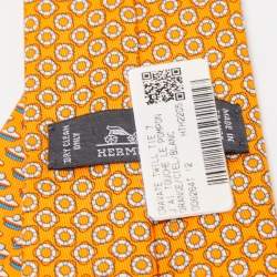 Pre Owned Hermès Orange J'Ai Touche Le Pompon Printed Silk Slim Tie