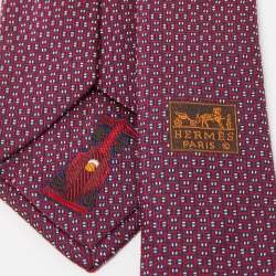 Pre Owned Hermès Navy Blue & Red 7 Drift Silk Jacquard Slim Tie