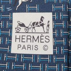 Pre Owned Hermès Navy Blue 7 Quinte Printed Silk Slim Tie