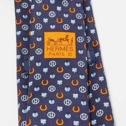 Pre Owned Hermès Navy Blue Job Interview Printed Silk Slim Tie