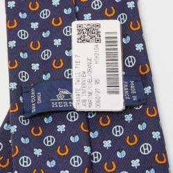 Pre Owned Hermès Navy Blue Job Interview Printed Silk Slim Tie