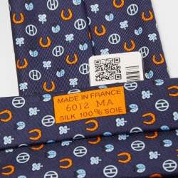 Pre Owned Hermès Navy Blue Job Interview Printed Silk Slim Tie