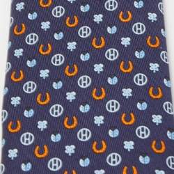 Pre Owned Hermès Navy Blue Job Interview Printed Silk Slim Tie