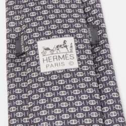 Pre Owned Hermès Black 7 H Au Maillon Printed Silk Slim Tie