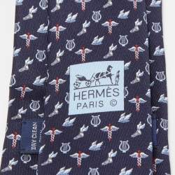 Hermès Navy Blue Flying Hermes Printed Silk Slim Tie