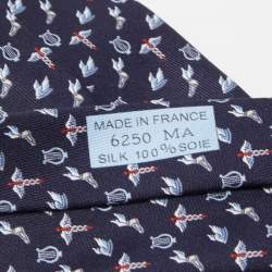Hermès Navy Blue Flying Hermes Printed Silk Slim Tie