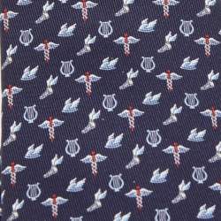 Hermès Navy Blue Flying Hermes Printed Silk Slim Tie