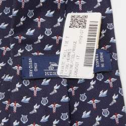 Hermès Navy Blue Flying Hermes Printed Silk Slim Tie