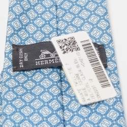 Pre Owned Hermès Blue La Roue Tourne Printed Silk Slim Tie