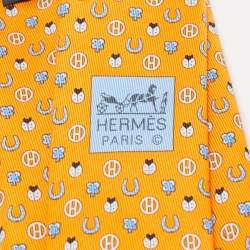 Pre Owned Hermès Orange Job Interview Printed Silk Slim Tie