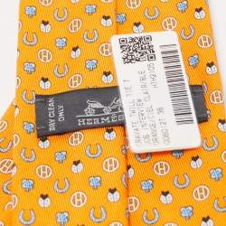 Pre Owned Hermès Orange Job Interview Printed Silk Slim Tie