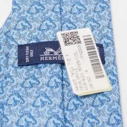 Pre Owned Hermès Blue 7 Chevalophile Printed Silk Slim Tie