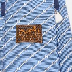 Pre Owned Hermès Blue H Quadrige Silk Jacquard Slim Tie