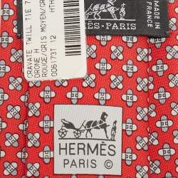 Hermes Red Drone Print Silk Skinny Tie