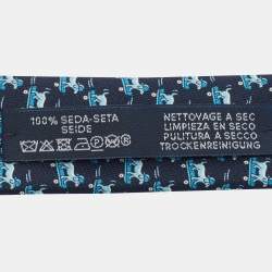 Pre Owned Hermes Navy Blue Roller Dog Print Silk Skinny Tie
