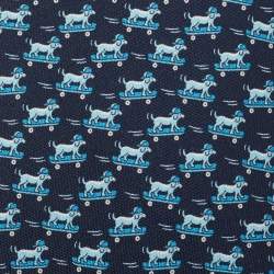 Pre Owned Hermes Navy Blue Roller Dog Print Silk Skinny Tie