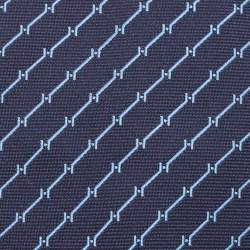Pre Owned Hermès Navy Blue H Quadrige Patterned Silk Super Skinny Tie
