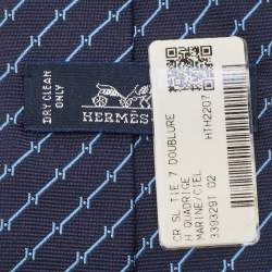Pre Owned Hermès Navy Blue H Quadrige Patterned Silk Super Skinny Tie