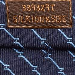 Pre Owned Hermès Navy Blue H Quadrige Patterned Silk Super Skinny Tie