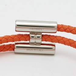 Pre Owned Hermes Tournis Tresse Orange Leather Palladium Plated Bracelet