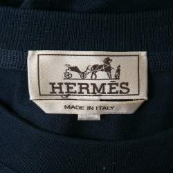 Pre Owned Hermes Navy Blue Cotton Pocket Detail V-Neck T-Shirt M