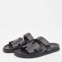Hermes Black Leather Chypre Sandals Size 45.5