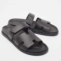 Hermes Black Leather Chypre Sandals Size 45.5