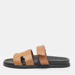 Hermes Brown Leather Chypre Flat Sandals Size 45