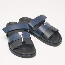 Hermès Navy Blue/Black Leather Chypre Sandals Size 42