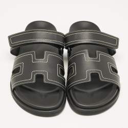 Pre Owned Hermes Black Leather Chypre Sandals Size 46