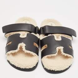 Hermes Black Leather and Shearling Fur Lined Chypre Sandals Size 45.5