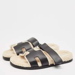 Hermes Black Leather and Shearling Fur Lined Chypre Sandals Size 45.5