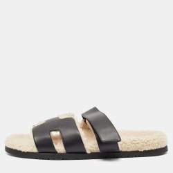 Hermes Black Leather and Shearling Fur Lined Chypre Sandals Size 45.5