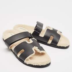 Hermes Black Leather and Shearling Fur Lined Chypre Sandals Size 45.5