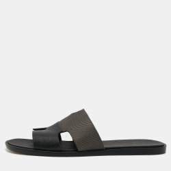 Hermes Black/Green Canvas and Leather Izmir Slide Sandals Size 44