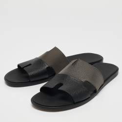 Hermes Black/Green Canvas and Leather Izmir Slide Sandals Size 44