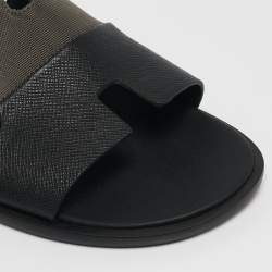 Hermes Black/Green Canvas and Leather Izmir Slide Sandals Size 44