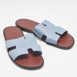 Hermes Blue Leather Izmir Flat Sandals Size 44.5