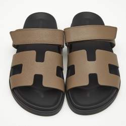 Pre Owned Hermes Etoupe Leather Chypre Sandals Size 38