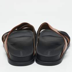 Hermes Brown/Black Leather and Fabric Kazimir Flat Sandals Size 46