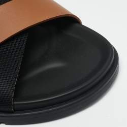 Hermes Brown/Black Leather and Fabric Kazimir Flat Sandals Size 46