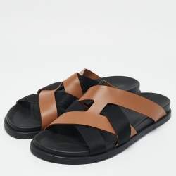 Hermes Brown/Black Leather and Fabric Kazimir Flat Sandals Size 46