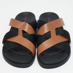 Hermes Brown/Black Leather and Fabric Kazimir Flat Sandals Size 46