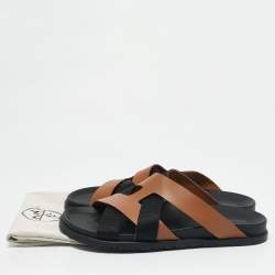 Hermes Brown/Black Leather and Fabric Kazimir Flat Sandals Size 46