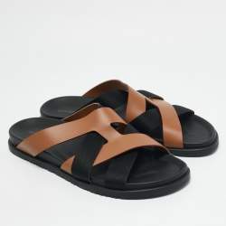 Hermes Brown/Black Leather and Fabric Kazimir Flat Sandals Size 46