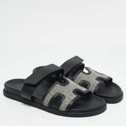 Hermes Black/White Leather and Canvas H Maxi Chypre Flat Sandals Size 45.5