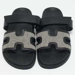 Hermes Black/White Leather and Canvas H Maxi Chypre Flat Sandals Size 45.5