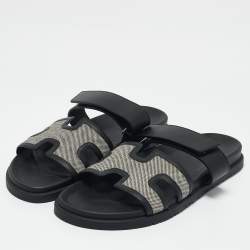 Hermes Black/White Leather and Canvas H Maxi Chypre Flat Sandals Size 45.5