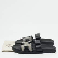 Hermes Black/White Leather and Canvas H Maxi Chypre Flat Sandals Size 45.5
