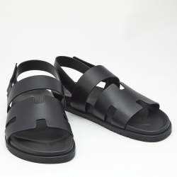 Pre Owned Hermes Black Leather Genius Flat Sandals Size 46